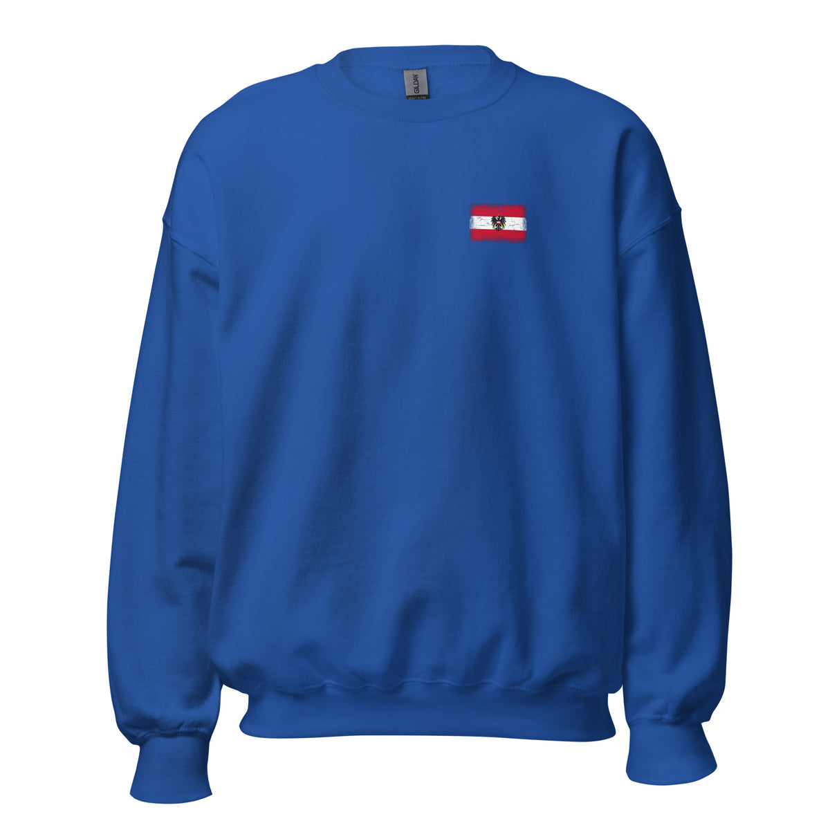Austria flag crew sweatshirt in Royal, vintage-washed print, small flag on the left chest, unisex cut, front view