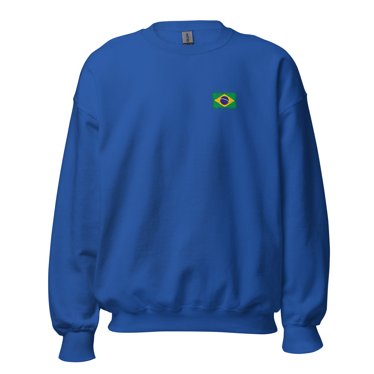 Brasil flag crew sweatshirt in Royal, vintage-washed print, small flag on the left chest, unisex cut, front view
