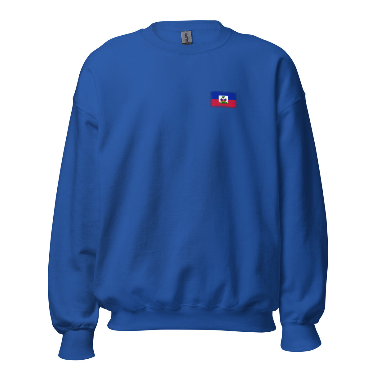 Haiti flag crew sweatshirt in Royal, vintage-washed print, small flag on the left chest, unisex cut, front view