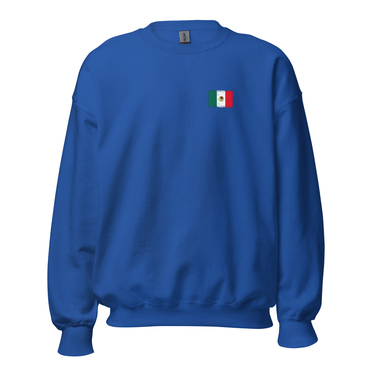 Mexico flag crew sweatshirt in Royal, vintage-washed print, small flag on the left chest, unisex cut, front view