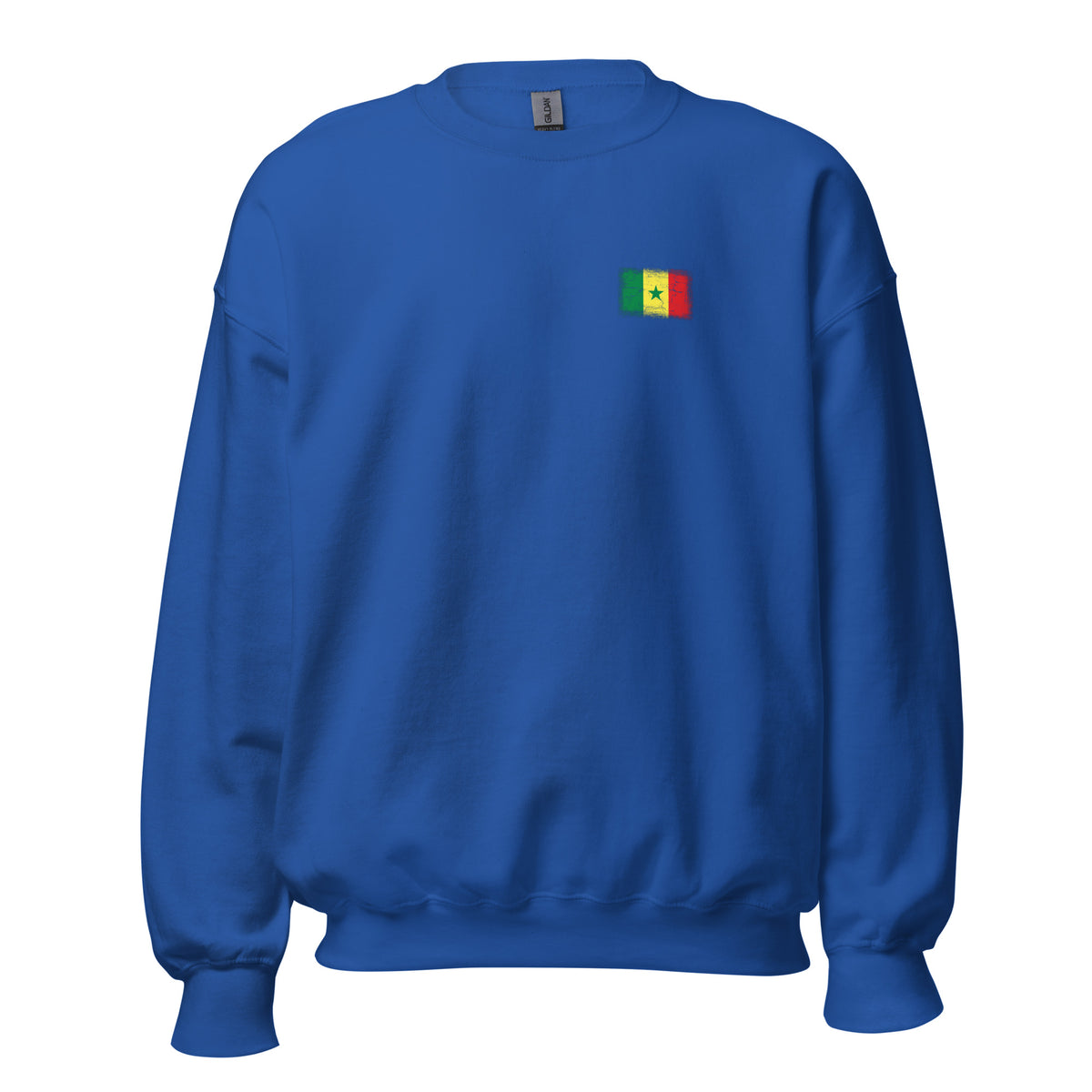 Senegal flag crew sweatshirt in Royal, vintage-washed print, small flag on the left chest, unisex cut, front view