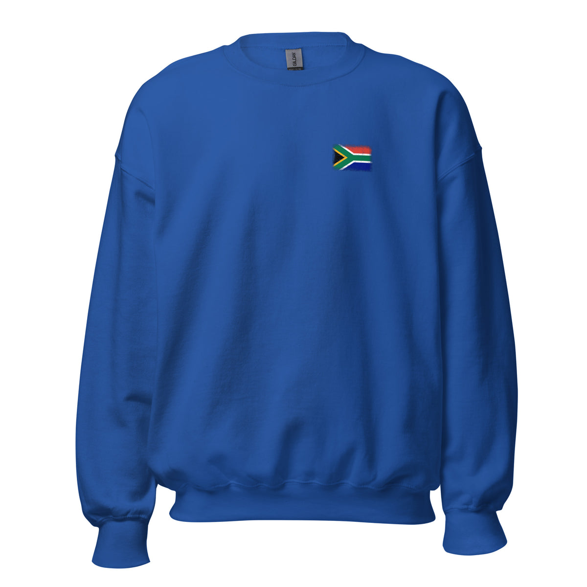 South Africa flag crew sweatshirt in Royal, vintage-washed print, small flag on the left chest, unisex cut, front view