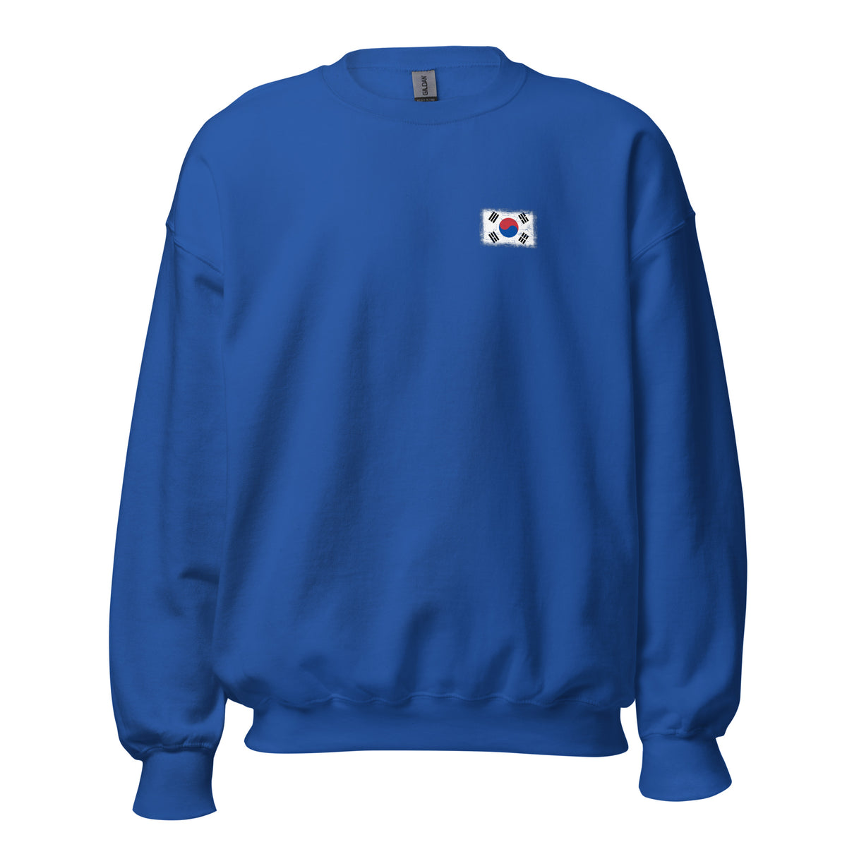 South Korea flag crew sweatshirt in Royal, vintage-washed print, small flag on the left chest, unisex cut, front view