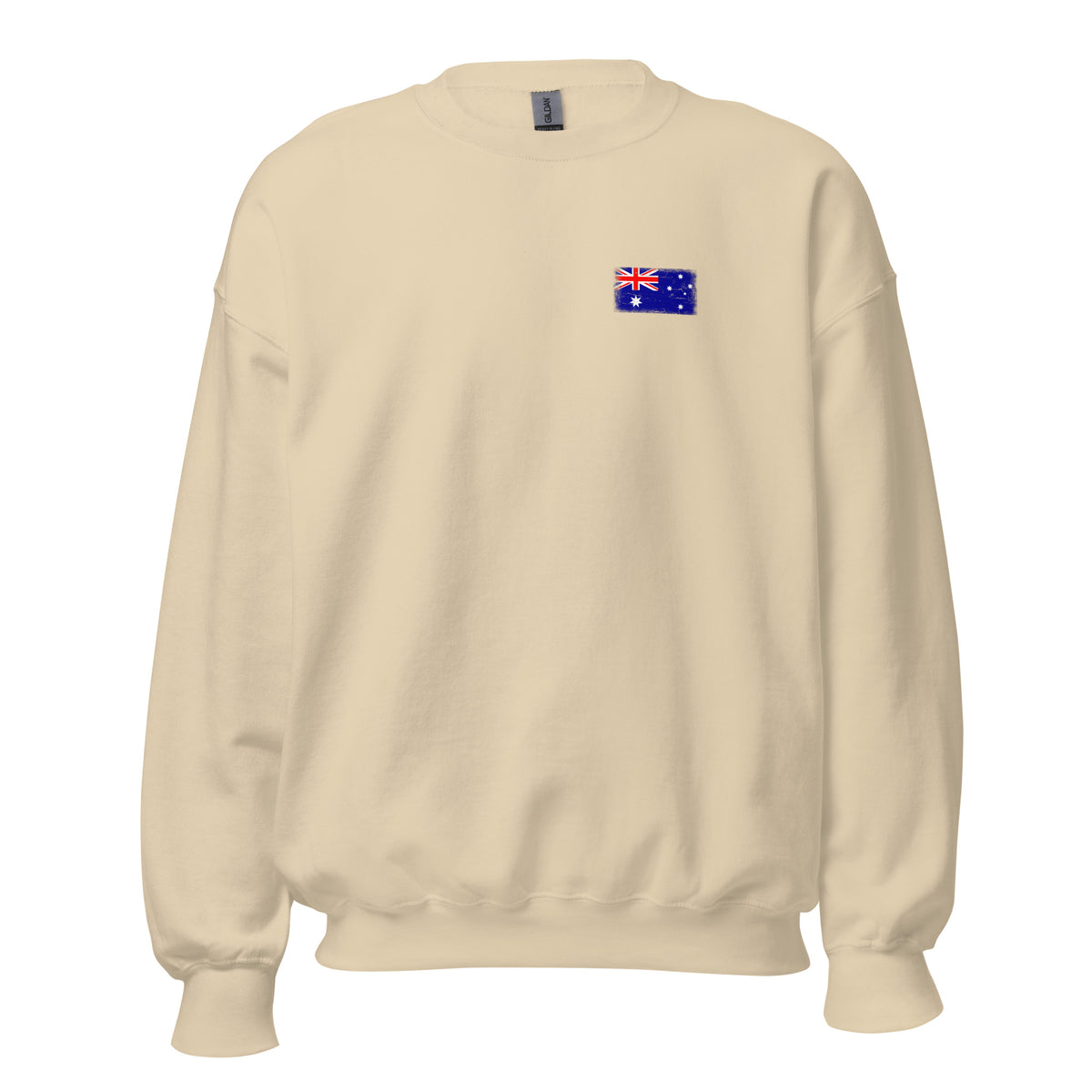 Australia flag crew sweatshirt in Sand, vintage-washed print, small flag on the left chest, unisex cut, front view