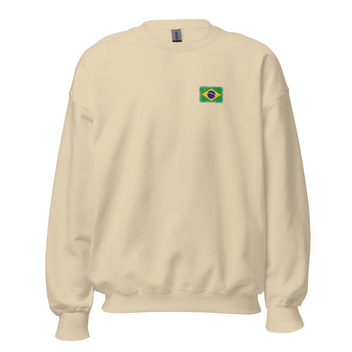 Brasil flag crew sweatshirt in Sand, vintage-washed print, small flag on the left chest, unisex cut, front view