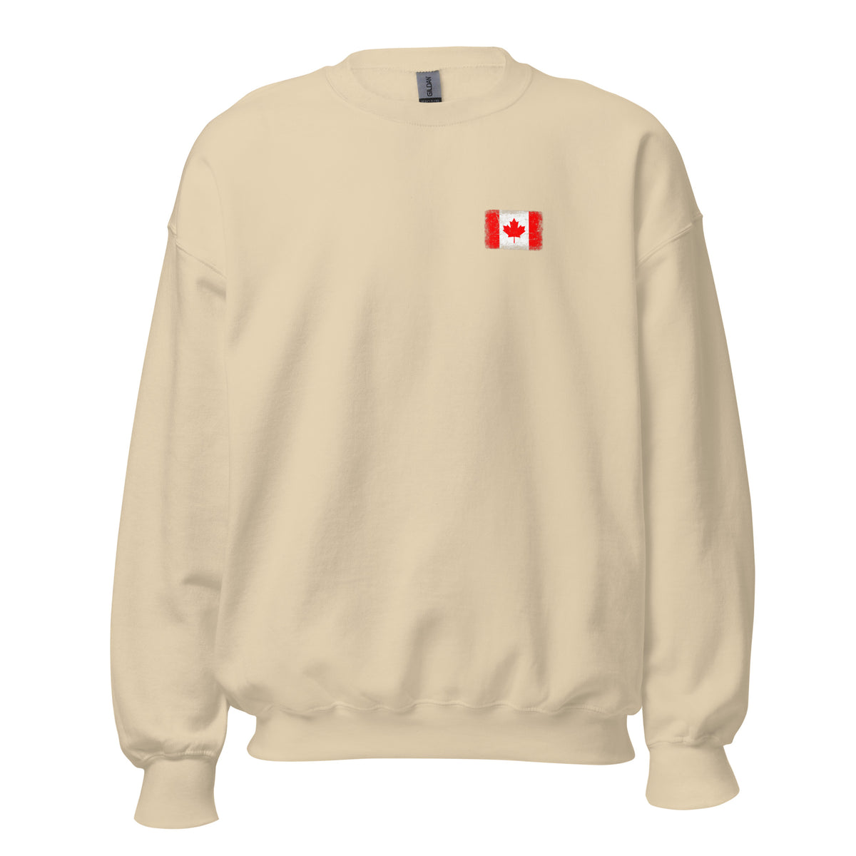 Canada flag crew sweatshirt in Sand, vintage-washed print, small flag on the left chest, unisex cut, front view