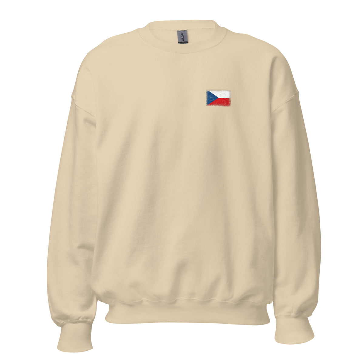 Czechia flag crew sweatshirt in Sand, vintage-washed print, small flag on the left chest, unisex cut, front view