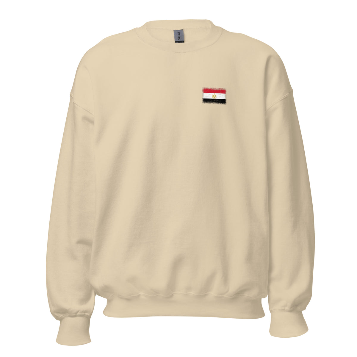 Egypt flag crew sweatshirt in Sand, vintage-washed print, small flag on the left chest, unisex cut, front view