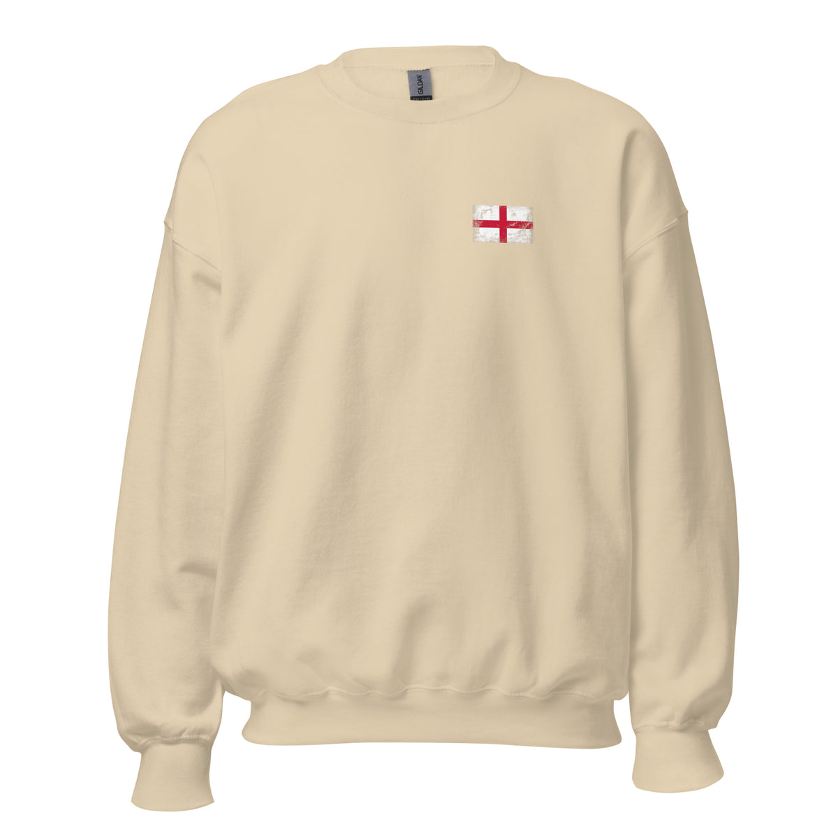England flag crew sweatshirt in Sand, vintage-washed print, small flag on the left chest, unisex cut, front view
