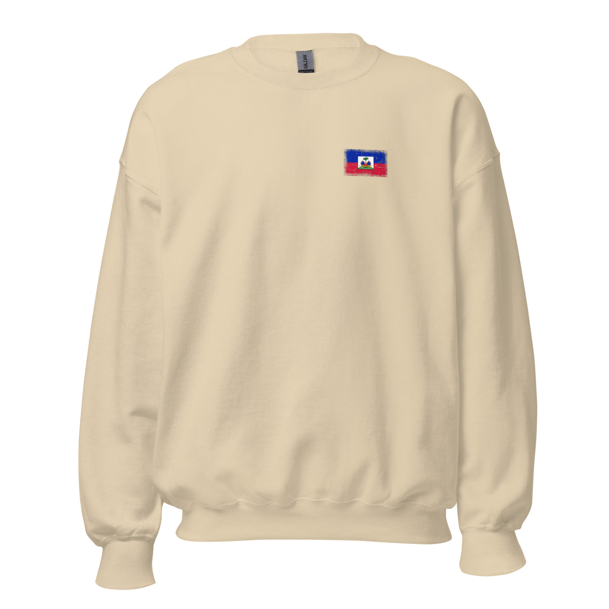 Haiti flag crew sweatshirt in Sand, vintage-washed print, small flag on the left chest, unisex cut, front view