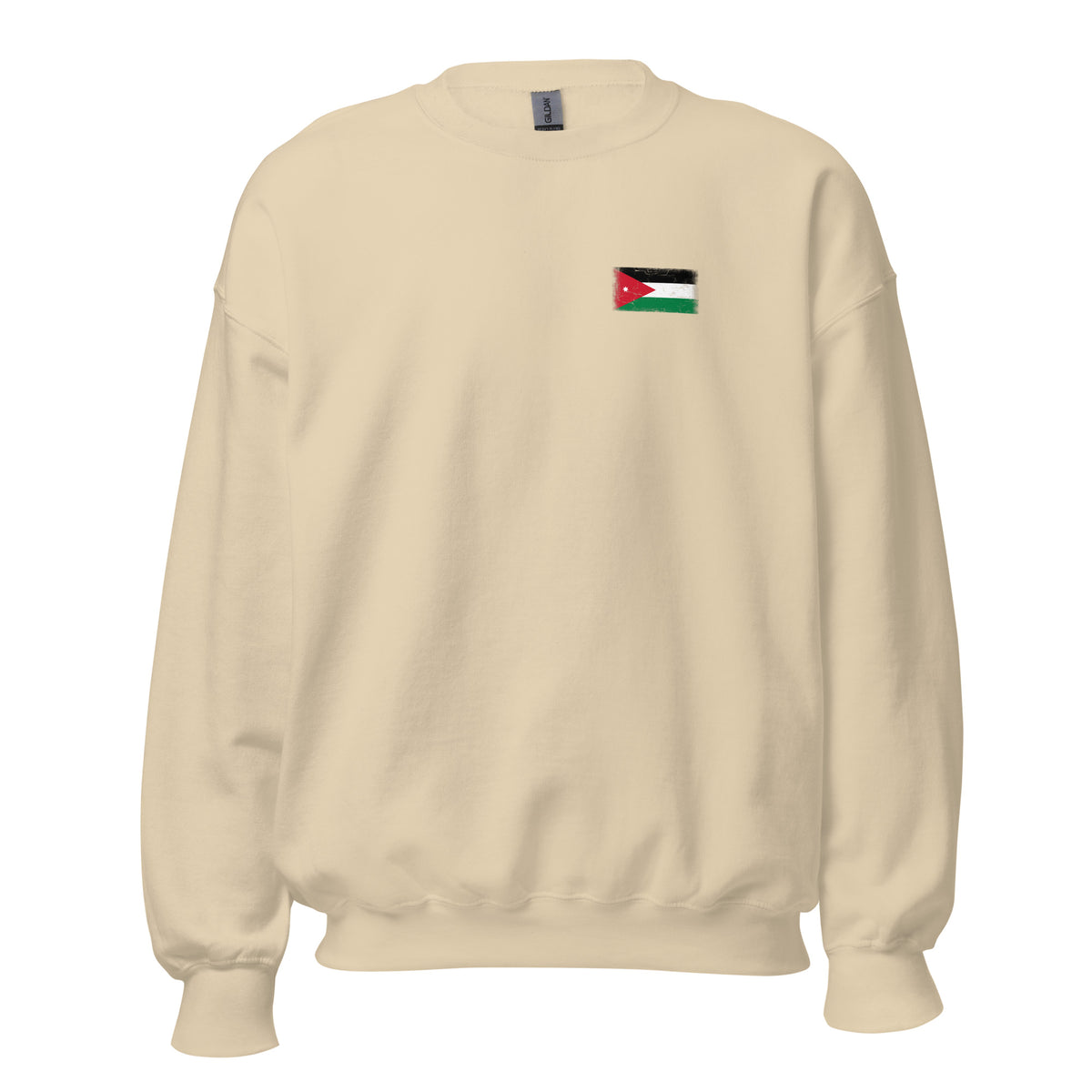 Jordan flag crew sweatshirt in Sand, vintage-washed print, small flag on the left chest, unisex cut, front view