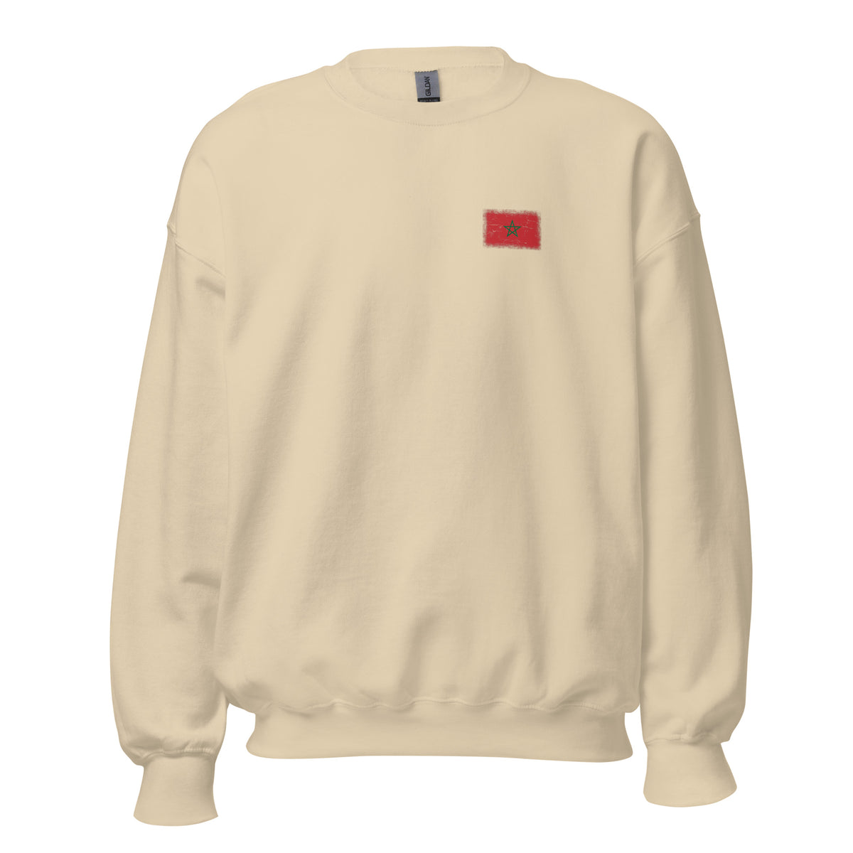 Morocco flag crew sweatshirt in Sand, vintage-washed print, small flag on the left chest, unisex cut, front view