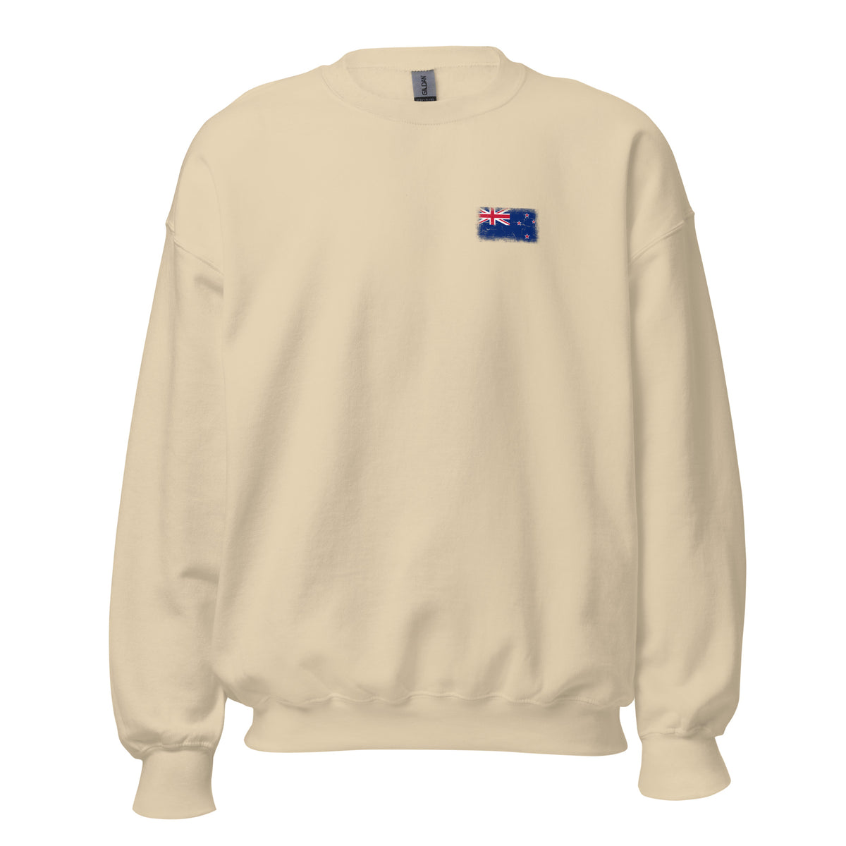New Zealand flag crew sweatshirt in Sand, vintage-washed print, small flag on the left chest, unisex cut, front view