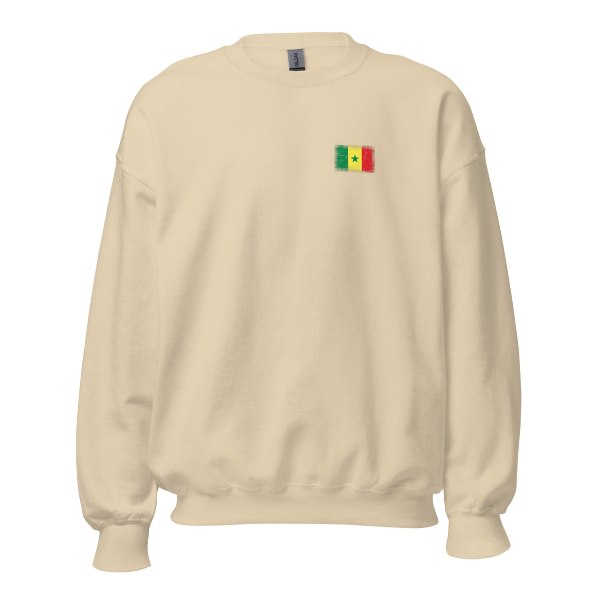 Senegal flag crew sweatshirt in Sand, vintage-washed print, small flag on the left chest, unisex cut, front view
