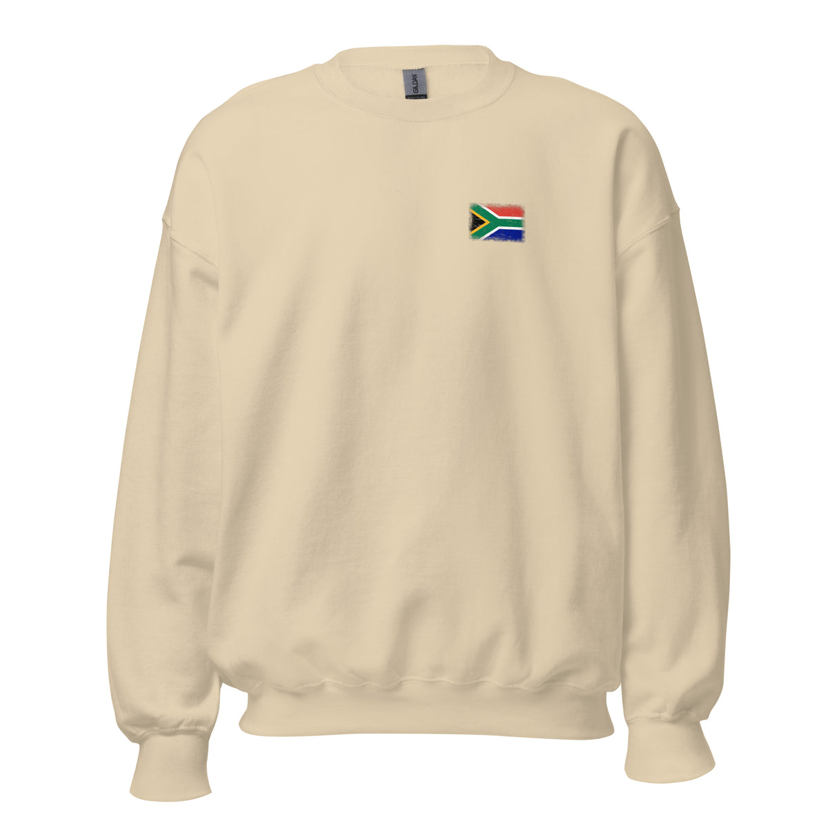 South Africa flag crew sweatshirt in Sand, vintage-washed print, small flag on the left chest, unisex cut, front view