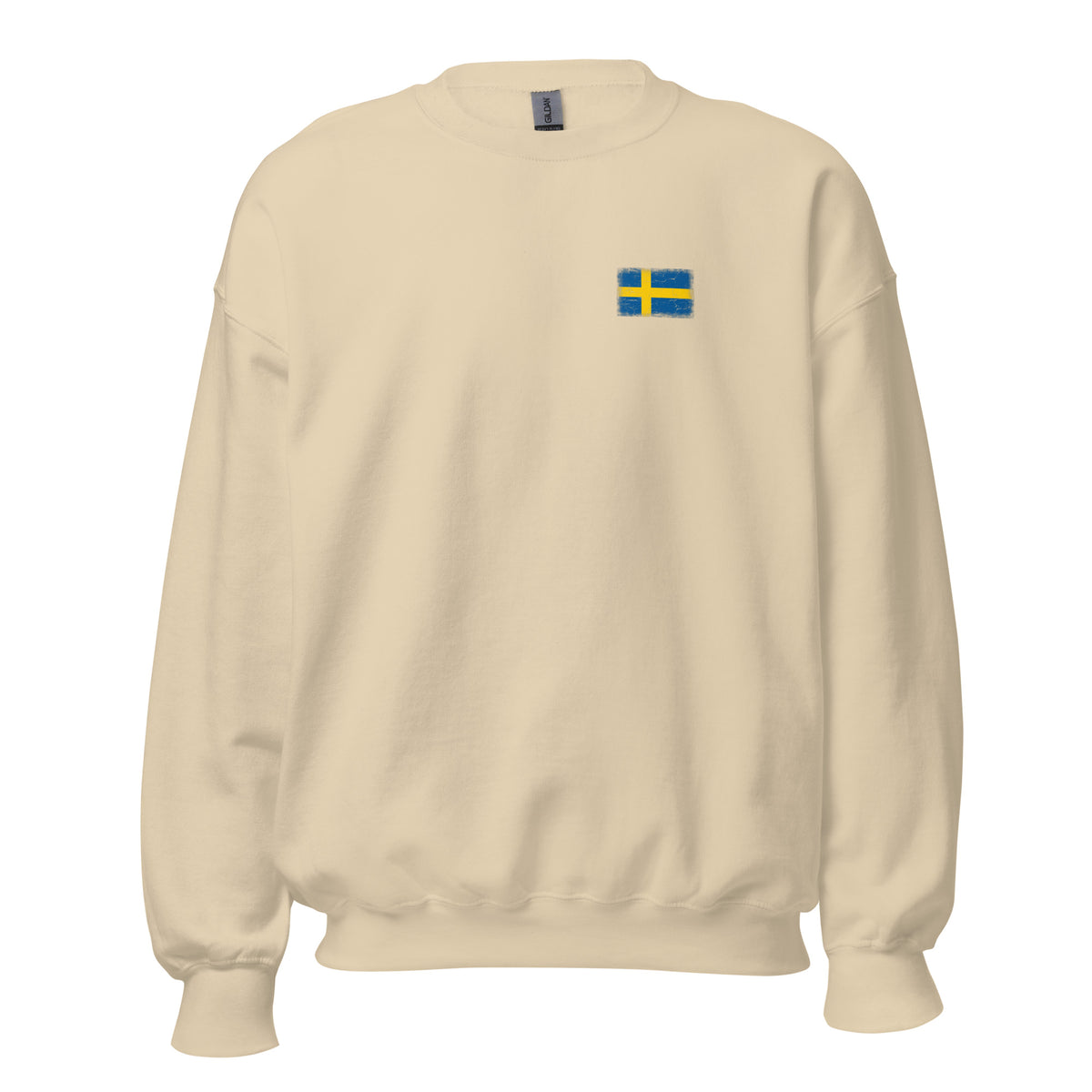 Sweden flag crew sweatshirt in Sand, vintage-washed print, small flag on the left chest, unisex cut, front view