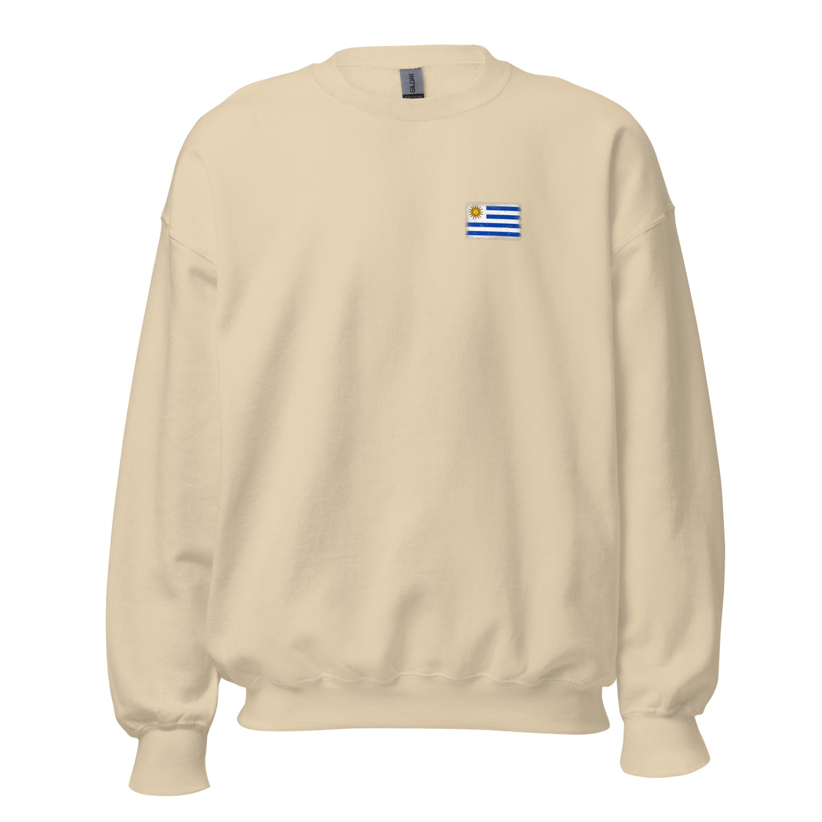 Uruguay flag crew sweatshirt in Sand, vintage-washed print, small flag on the left chest, unisex cut, front view