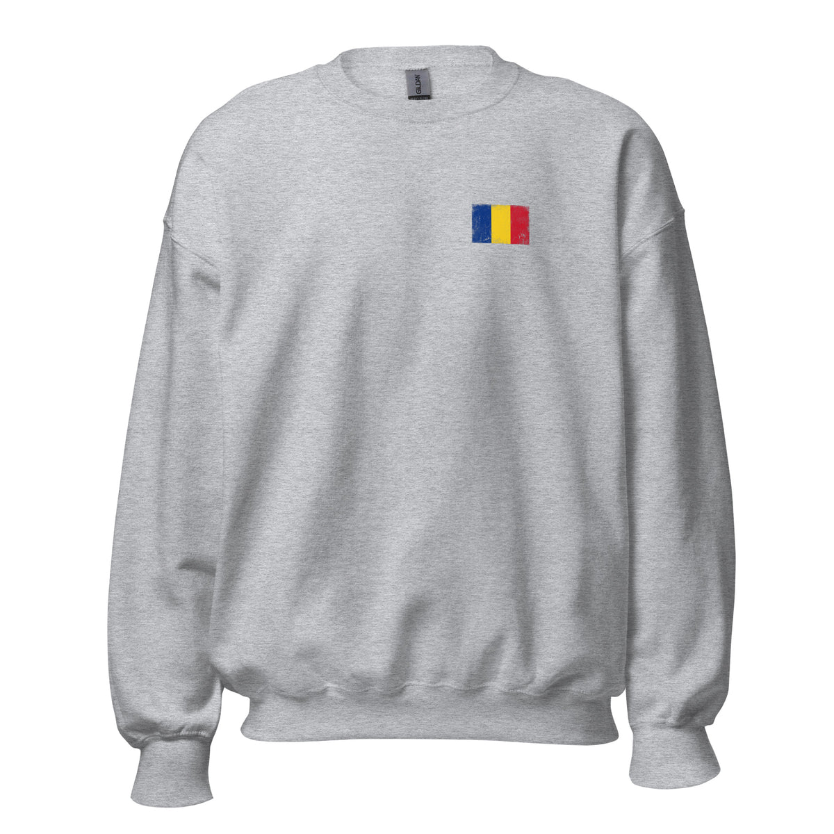 Romania flag crew sweatshirt in Sport Grey, vintage-washed print, small flag on the left chest, unisex cut, front view
