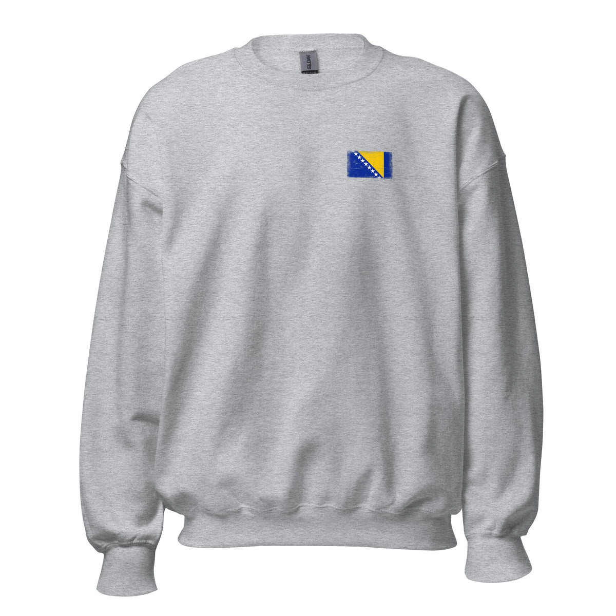 Bosnia and Herzegovina flag crew sweatshirt in Sport Grey, vintage-washed print, small flag on the left chest, unisex cut, front view