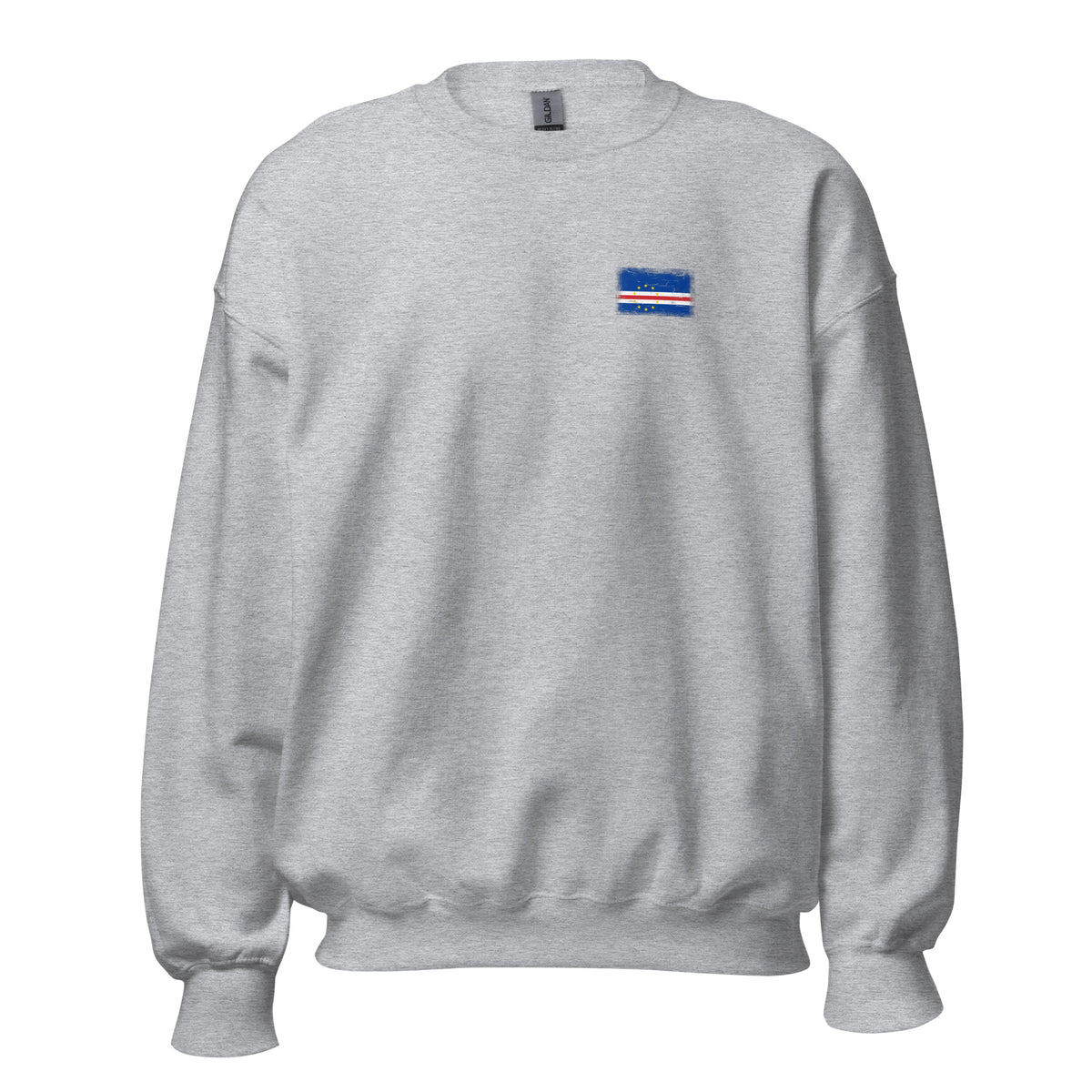 Cape Verde flag crew sweatshirt in Sport Grey, vintage-washed print, small flag on the left chest, unisex cut, front view