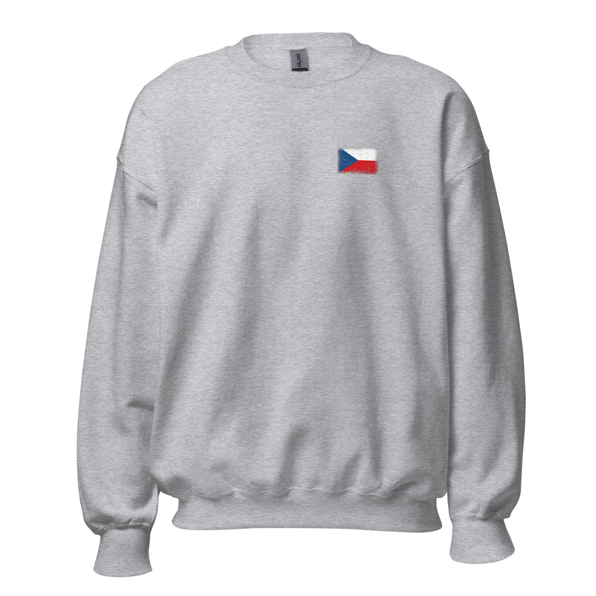 Czechia flag crew sweatshirt in Sport Grey, vintage-washed print, small flag on the left chest, unisex cut, front view
