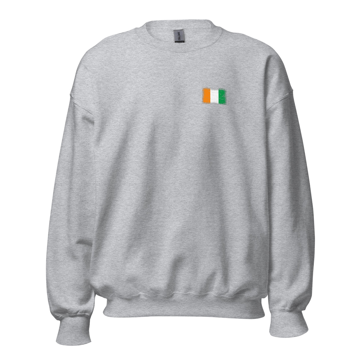 Côte d'Ivoire flag crew sweatshirt in Sport Grey, vintage-washed print, small flag on the left chest, unisex cut, front view
