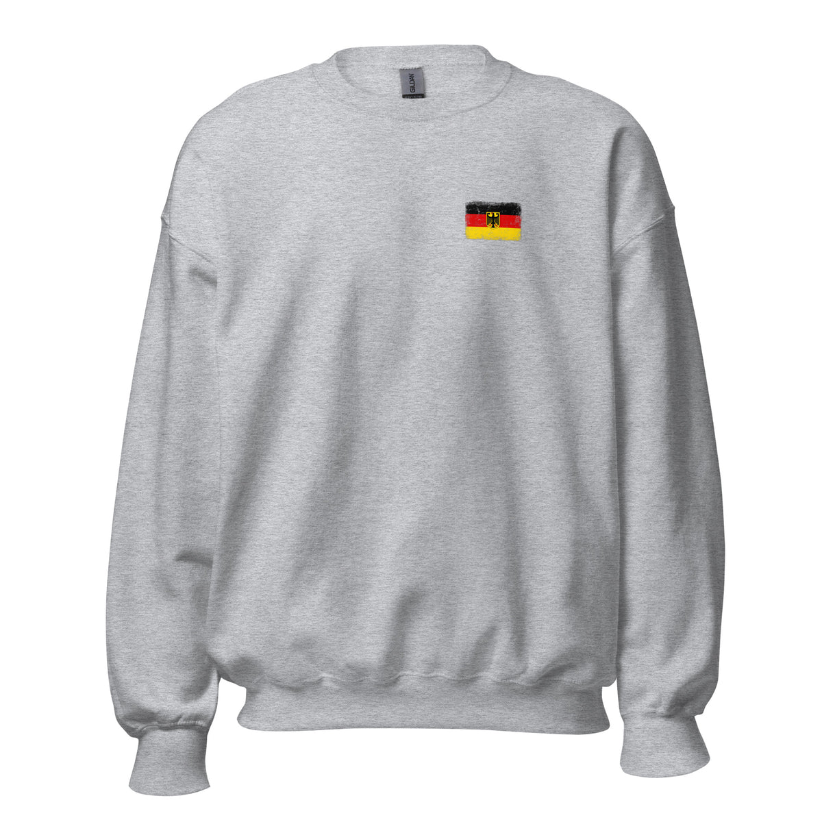 Germany flag crew sweatshirt in Sport Grey, vintage-washed print, small flag on the left chest, unisex cut, front view