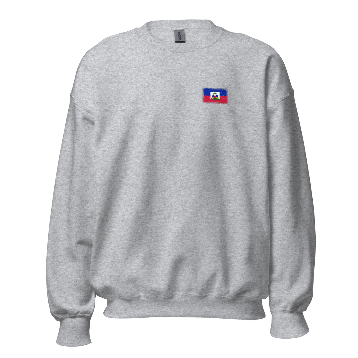 Haiti flag crew sweatshirt in Sport Grey, vintage-washed print, small flag on the left chest, unisex cut, front view