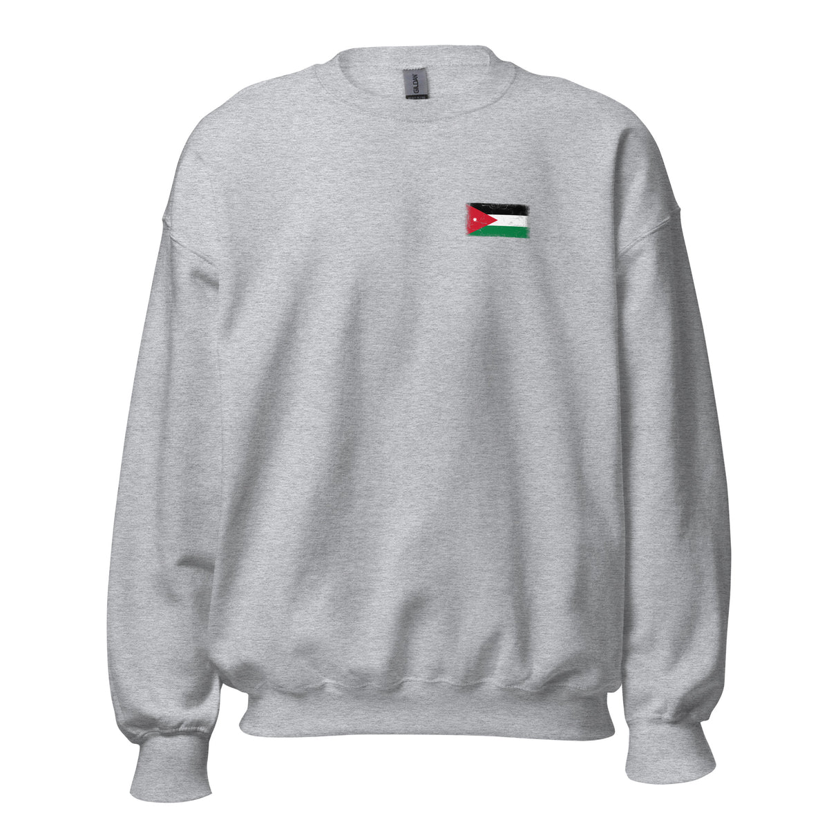 Jordan flag crew sweatshirt in Sport Grey, vintage-washed print, small flag on the left chest, unisex cut, front view