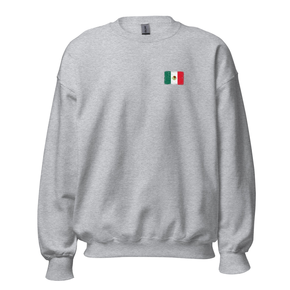 Mexico flag crew sweatshirt in Sport Grey, vintage-washed print, small flag on the left chest, unisex cut, front view