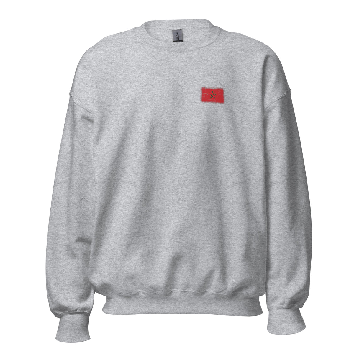 Morocco flag crew sweatshirt in Sport Grey, vintage-washed print, small flag on the left chest, unisex cut, front view