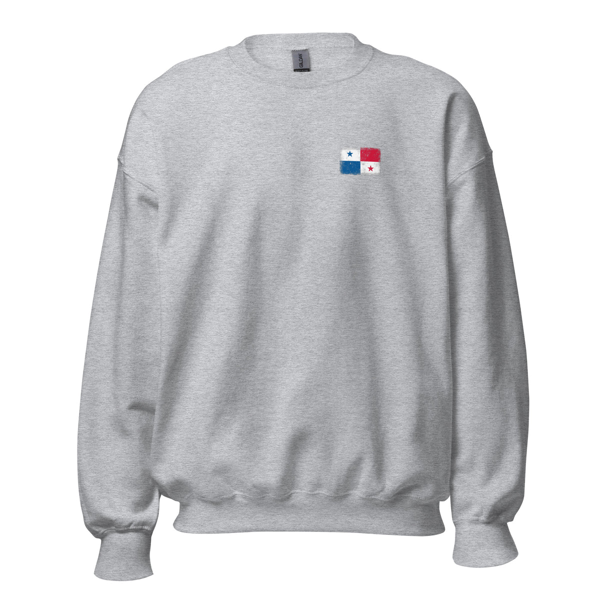 Panama flag crew sweatshirt in Sport Grey, vintage-washed print, small flag on the left chest, unisex cut, front view