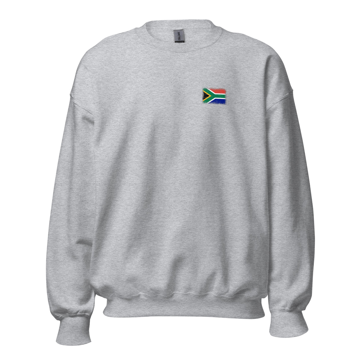 South Africa flag crew sweatshirt in Sport Grey, vintage-washed print, small flag on the left chest, unisex cut, front view