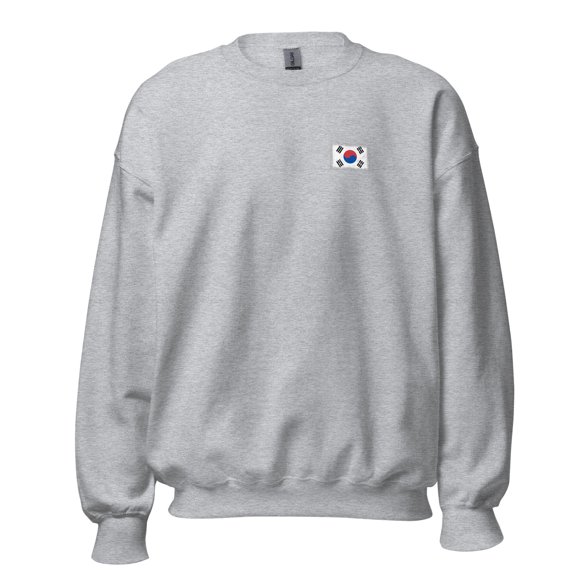 South Korea flag crew sweatshirt in Sport Grey, vintage-washed print, small flag on the left chest, unisex cut, front view