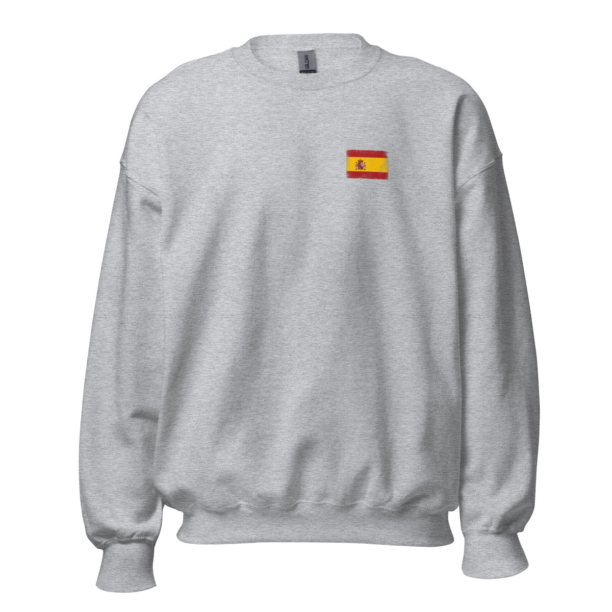 Spain flag crew sweatshirt in Sport Grey, vintage-washed print, small flag on the left chest, unisex cut, front view