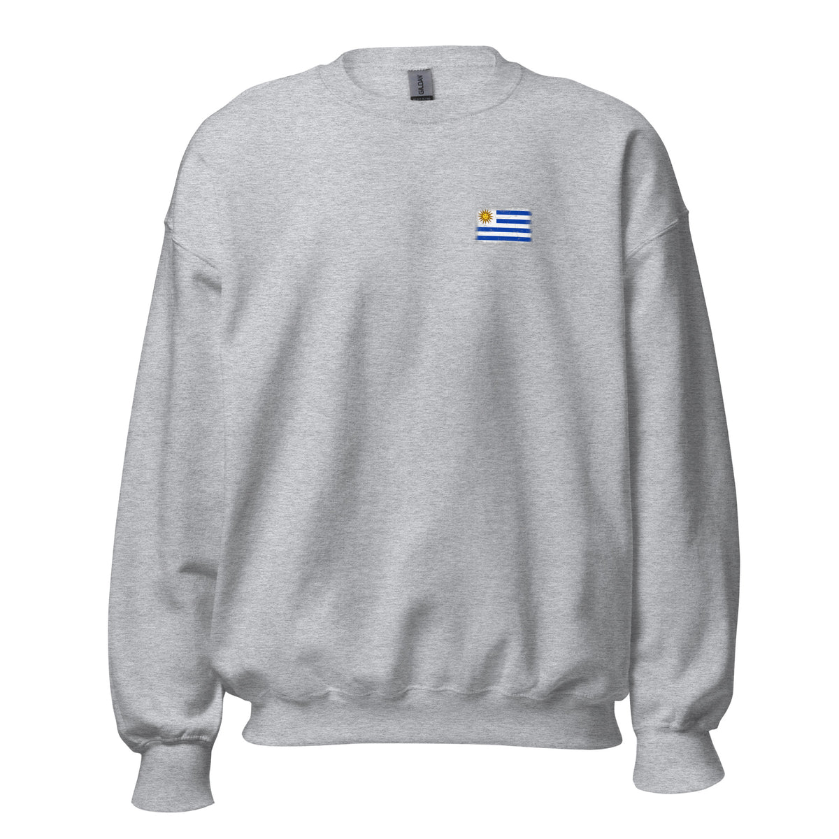 Uruguay flag crew sweatshirt in Sport Grey, vintage-washed print, small flag on the left chest, unisex cut, front view