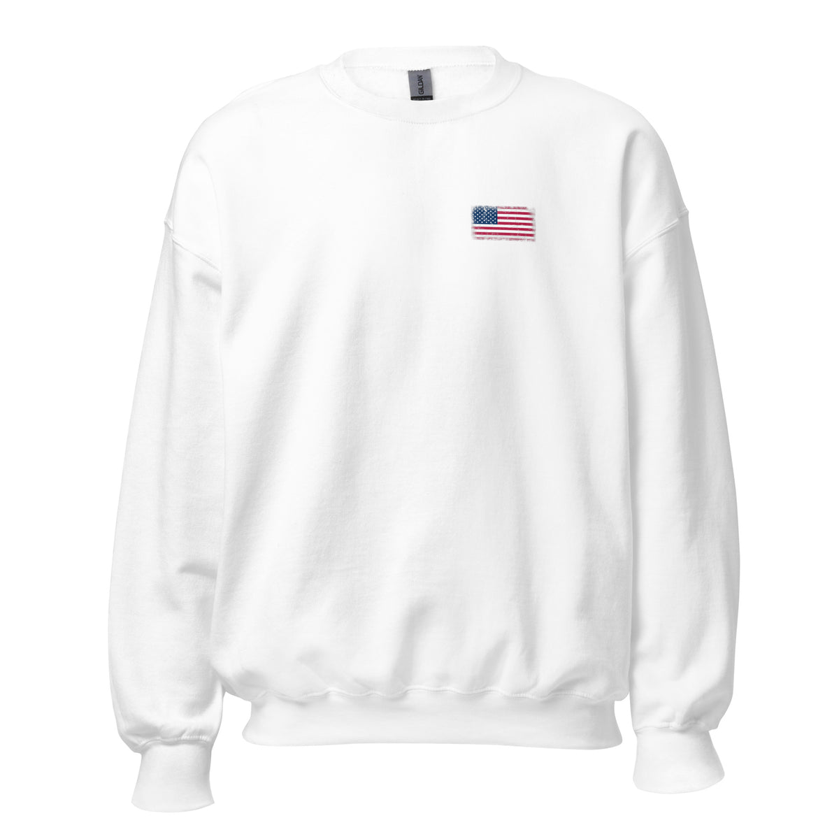 USA flag crew sweatshirt in White, vintage-washed print, small flag on the left chest, unisex cut, front view
