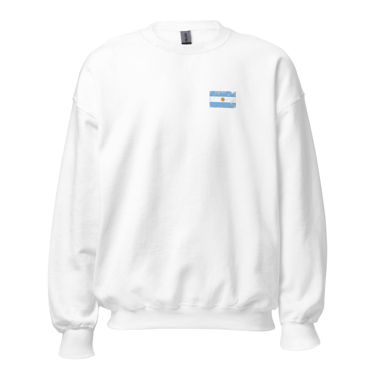 Argentina flag crew sweatshirt in White, vintage-washed print, small flag on the left chest, unisex cut, front view
