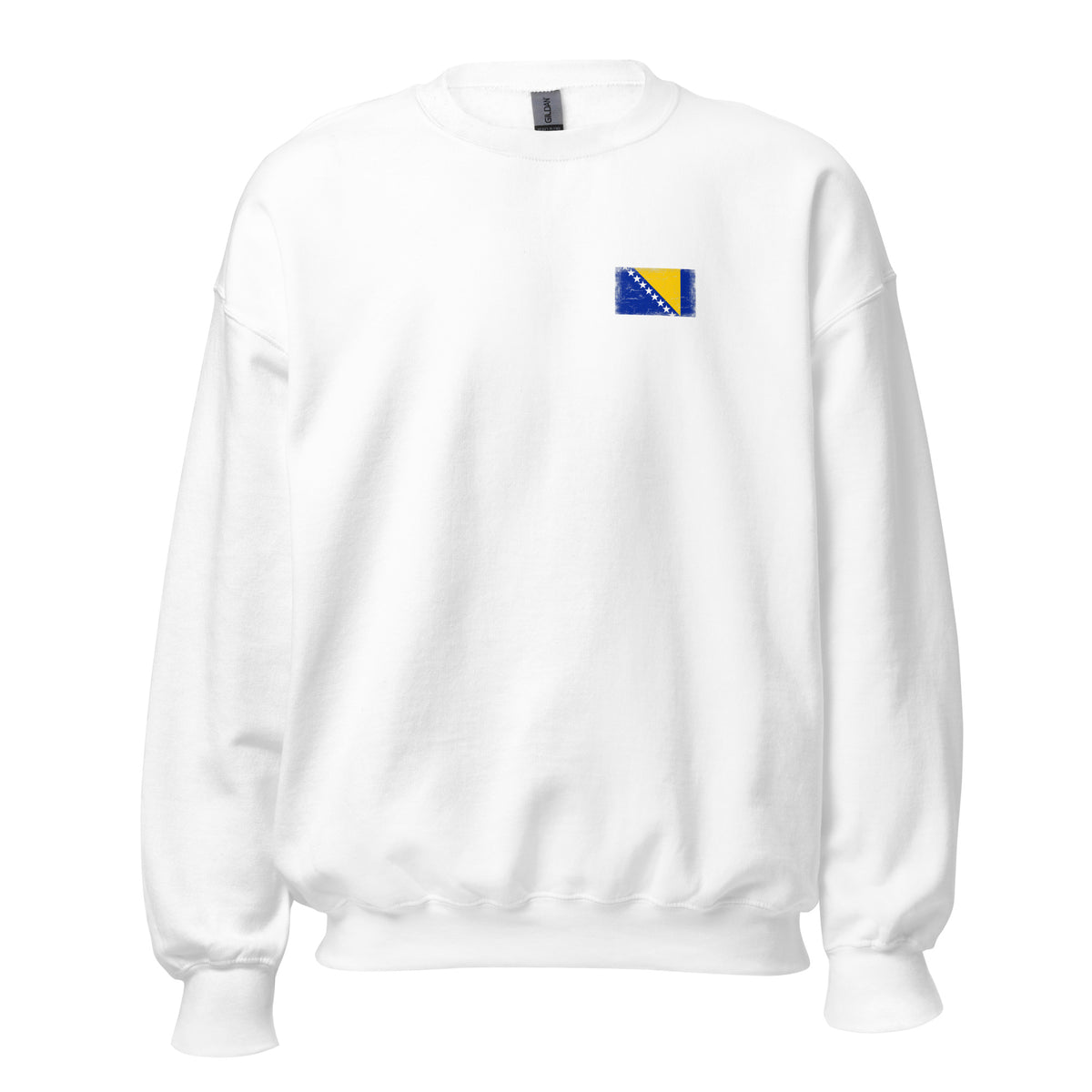 Bosnia and Herzegovina flag crew sweatshirt in White, vintage-washed print, small flag on the left chest, unisex cut, front view