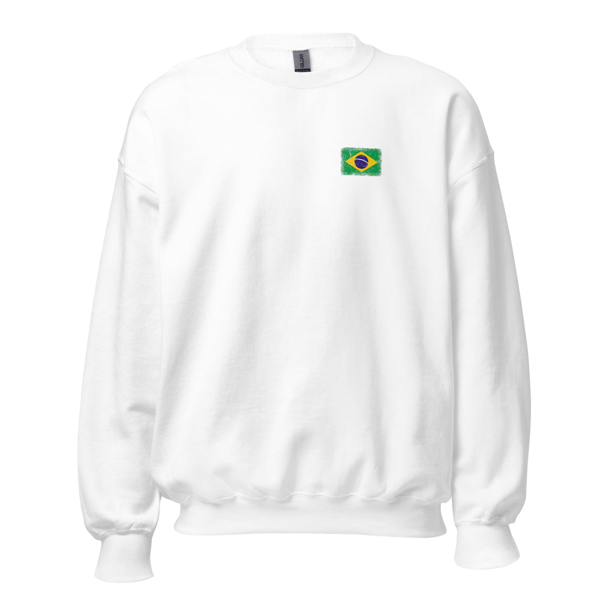 Brasil flag crew sweatshirt in White, vintage-washed print, small flag on the left chest, unisex cut, front view