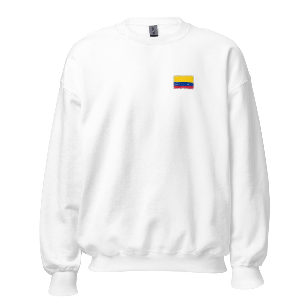 Colombia flag crew sweatshirt in White, vintage-washed print, small flag on the left chest, unisex cut, front view