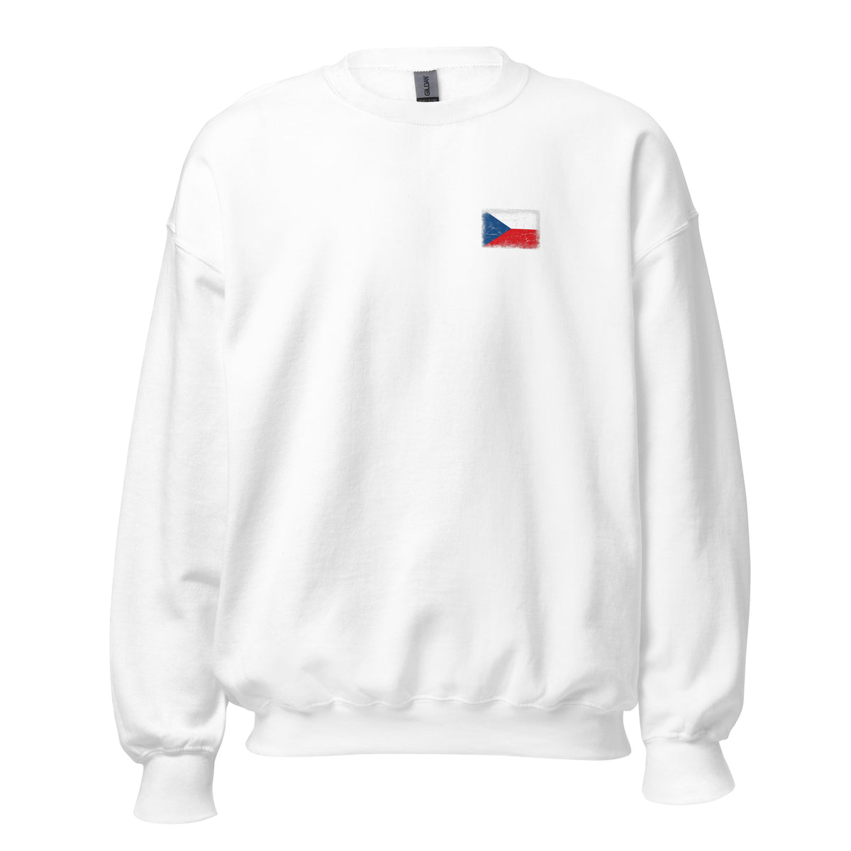 Czechia flag crew sweatshirt in White, vintage-washed print, small flag on the left chest, unisex cut, front view
