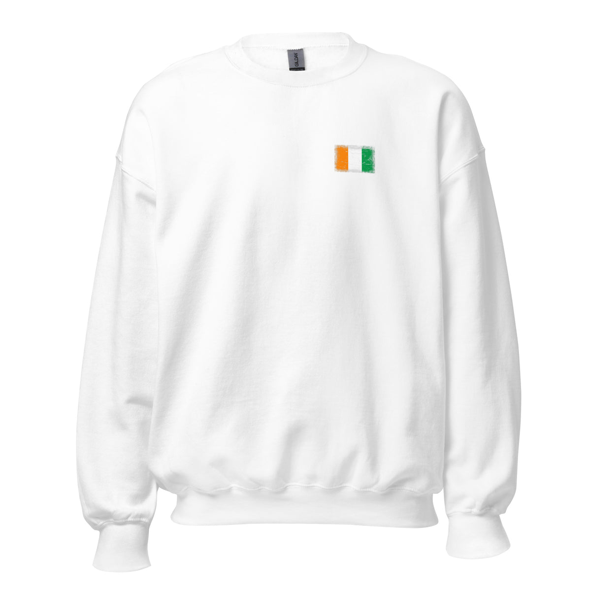 Côte d'Ivoire flag crew sweatshirt in White, vintage-washed print, small flag on the left chest, unisex cut, front view