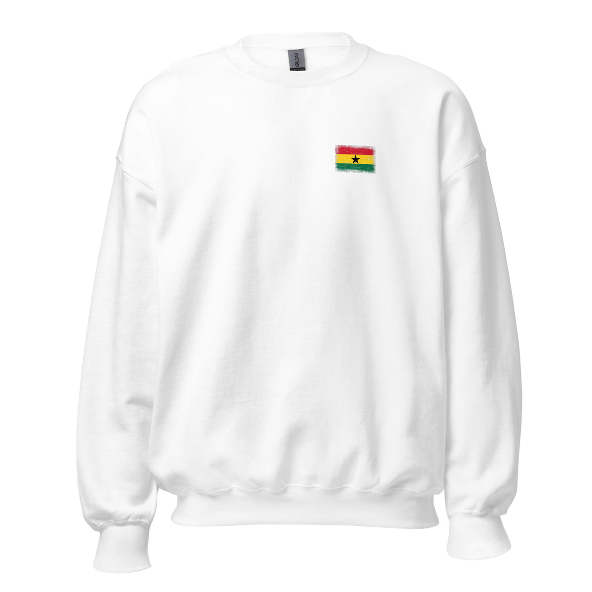 Ghana flag crew sweatshirt in White, vintage-washed print, small flag on the left chest, unisex cut, front view