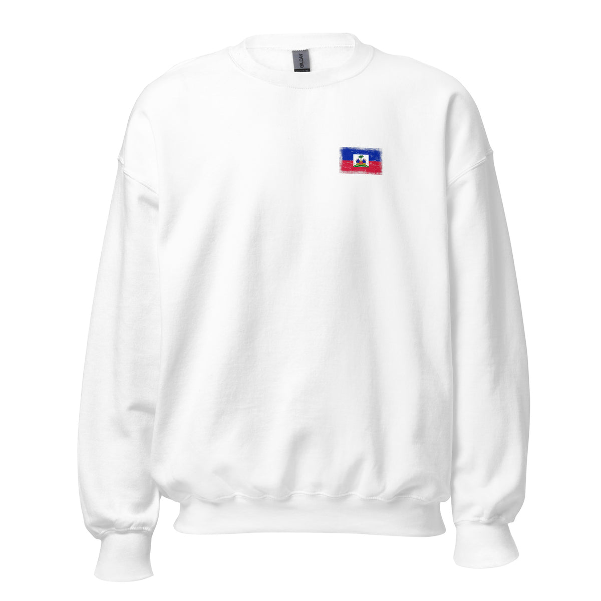 Haiti flag crew sweatshirt in White, vintage-washed print, small flag on the left chest, unisex cut, front view
