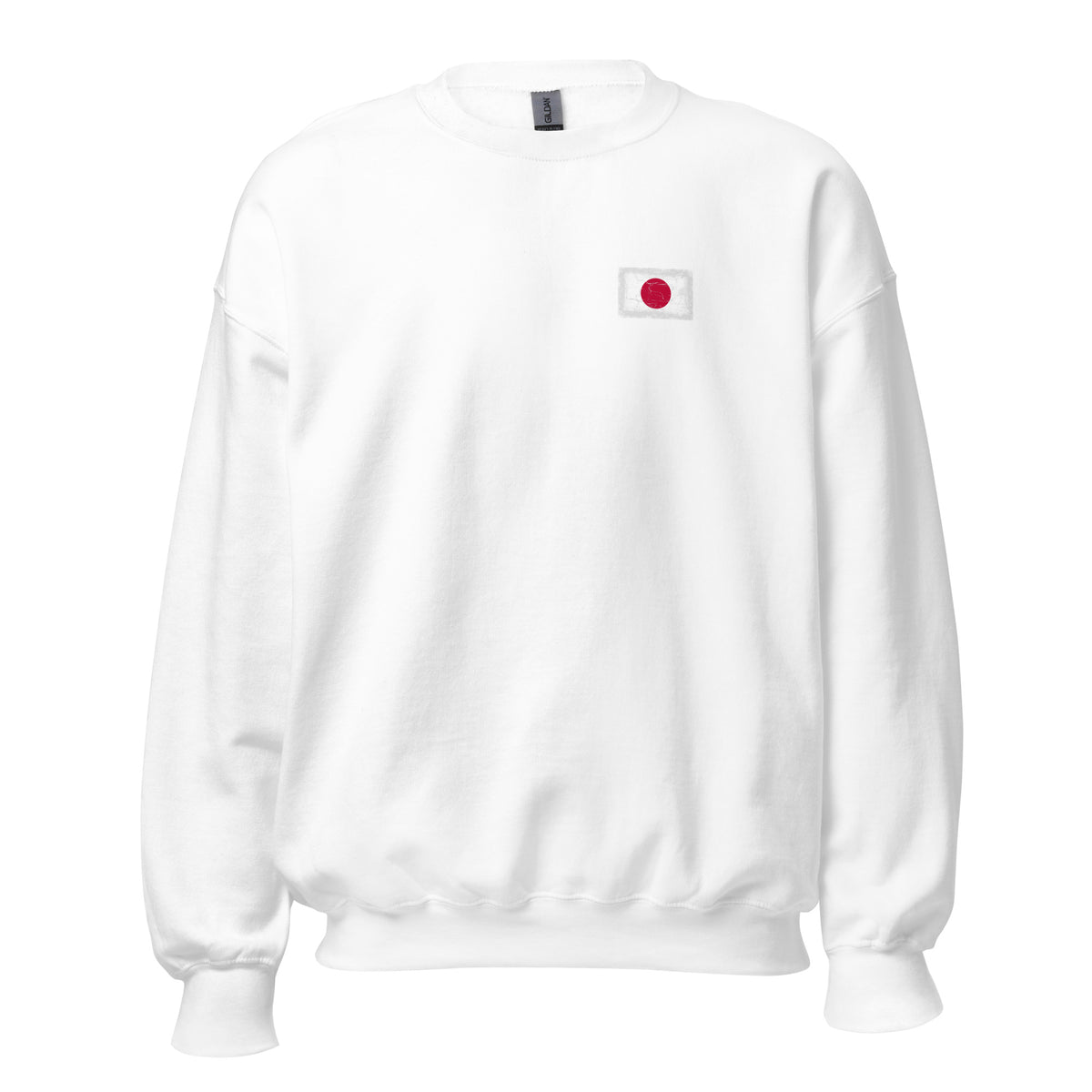 Japan flag crew sweatshirt in White, vintage-washed print, small flag on the left chest, unisex cut, front view