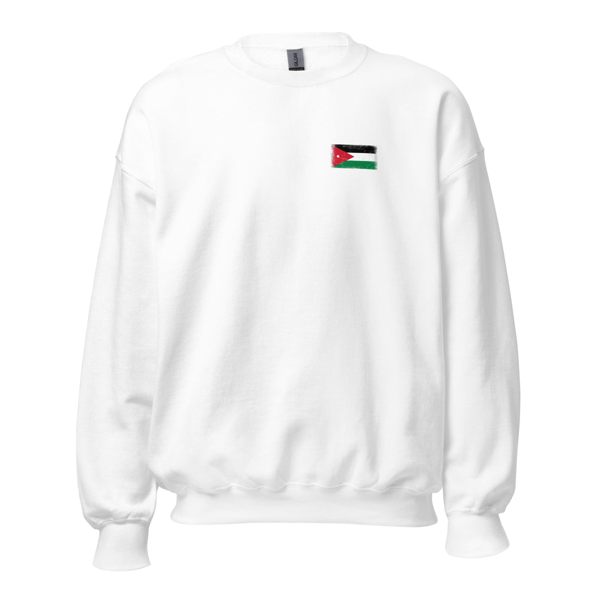 Jordan flag crew sweatshirt in White, vintage-washed print, small flag on the left chest, unisex cut, front view