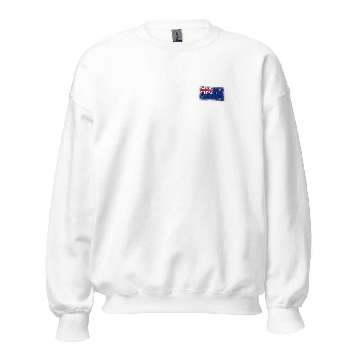 New Zealand flag crew sweatshirt in White, vintage-washed print, small flag on the left chest, unisex cut, front view
