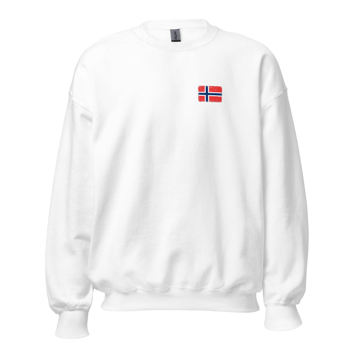 Norway flag crew sweatshirt in White, vintage-washed print, small flag on the left chest, unisex cut, front view