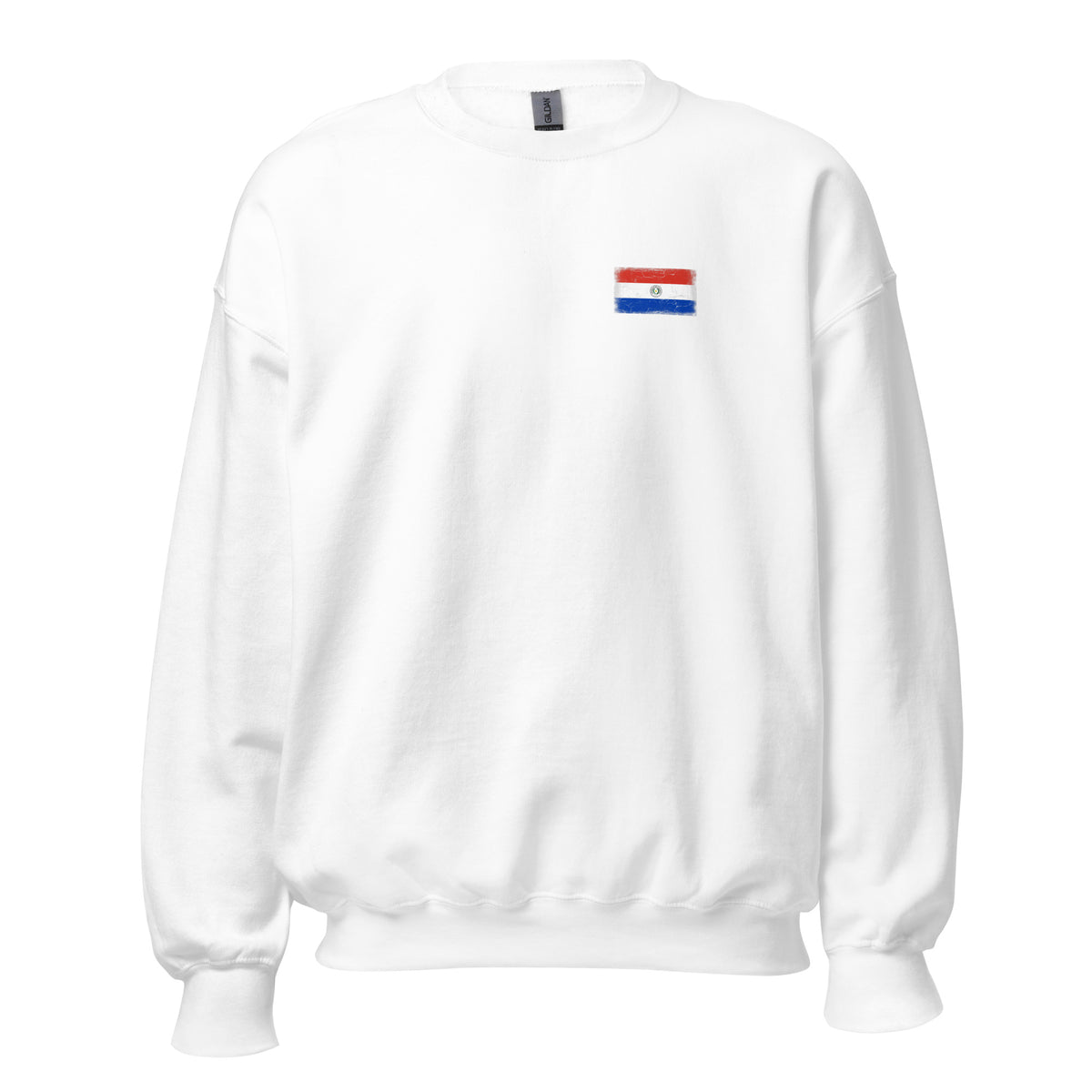 Paraguay flag crew sweatshirt in White, vintage-washed print, small flag on the left chest, unisex cut, front view